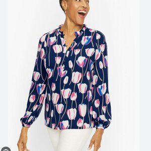 Talbots Popover Ruffle-Trim Tulip Print Navy Blue Pink Flowy Blouse Size 1XP